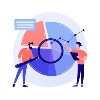 Statistical analysis. Man cartoon character with magnifying glass analyzing data. Circular diagram with colorful segments. Statistics, audit, research. Vector isolated concept metaphor illustration
